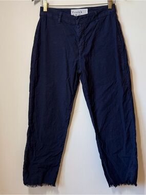 Frank & Eileen Kinsale Navy Linen-Blend Pants raw hem pockets straight leg
